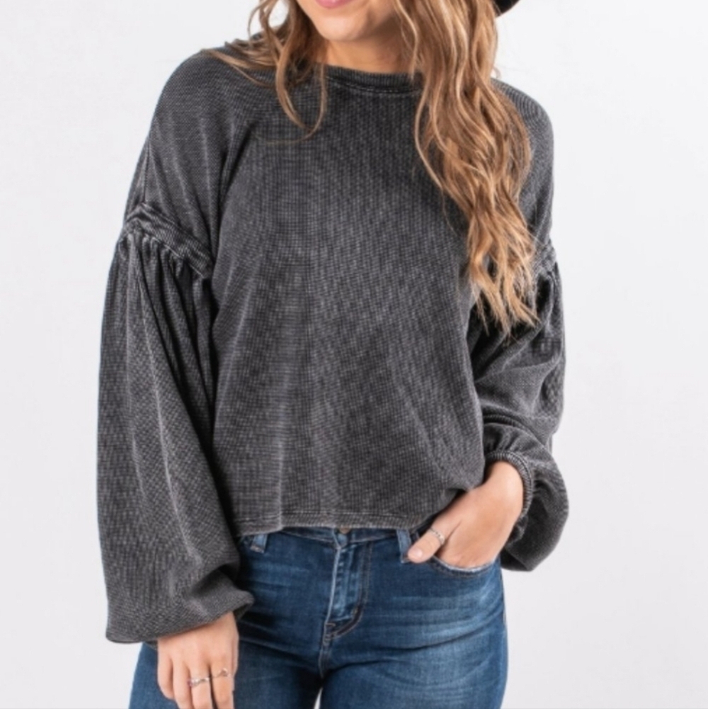 Z Supply Washed Out Black Textured Balloon Sleeve Shirt